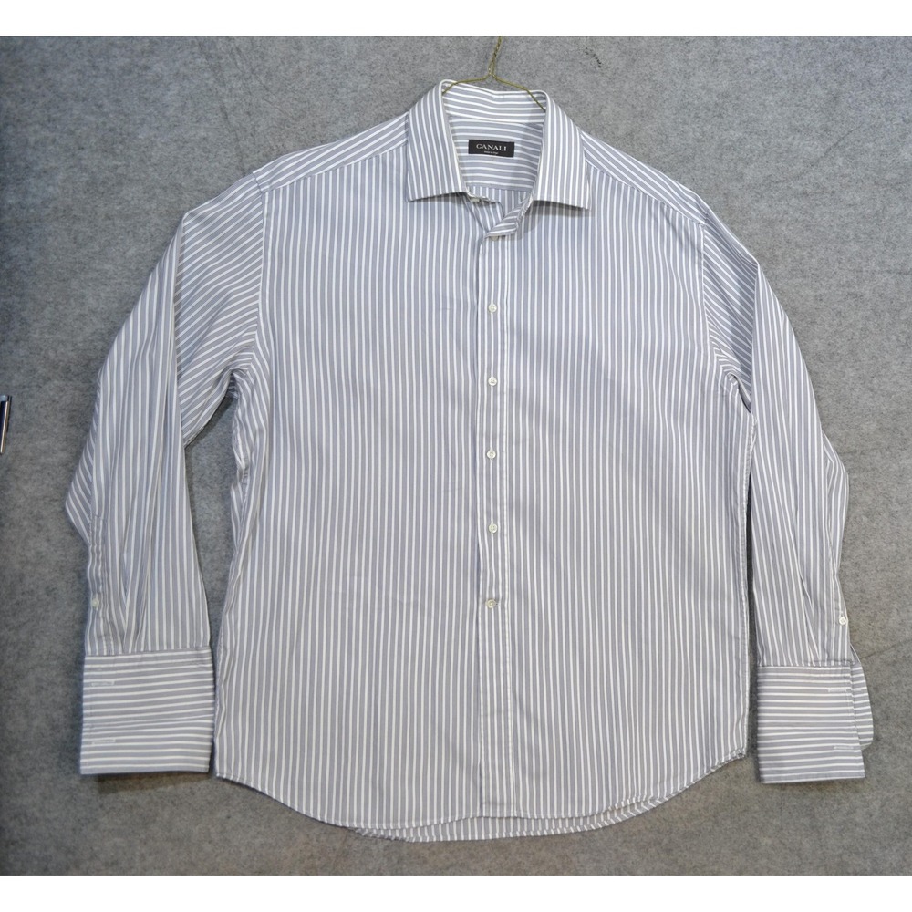 Canali Dress Shirt Mens 17 43 Gray Stripe Twill Long Sleeve French Cuff Italy